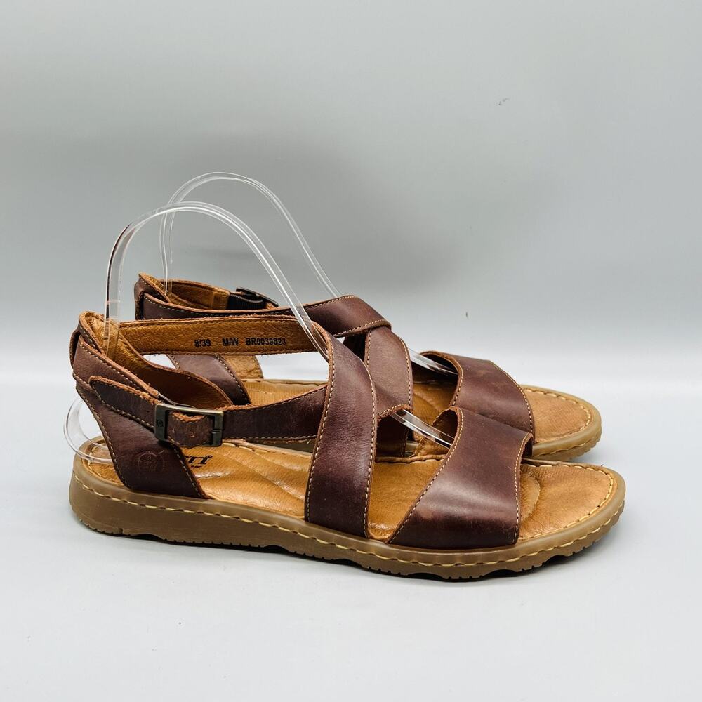 Born Sandals Womens 8 Brown Leather Strappy Ankle Buckle Wedge Comfort Shoes